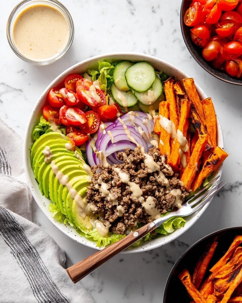A white bowl is filled with bright, fresh layers arranged neatly. At the bottom is green lettuce, then layers of green pickle slices to the right. On the top left are slices of avocado in soft green shades. Next to the avocado, halved red cherry tomatoes add a pop of color. Thin purple onion slices sit above cooked brown ground meat in the center. On the right side, orange sweet potato fries are laid out. A light sauce is drizzled over the meat and fries. A fork with a wooden handle rests inside the bowl on a white marbled surface, with a small glass bowl of light-colored sauce and a black bowl of halved cherry tomatoes nearby. Photo taken with an iphone --ar 4:5 --v 7