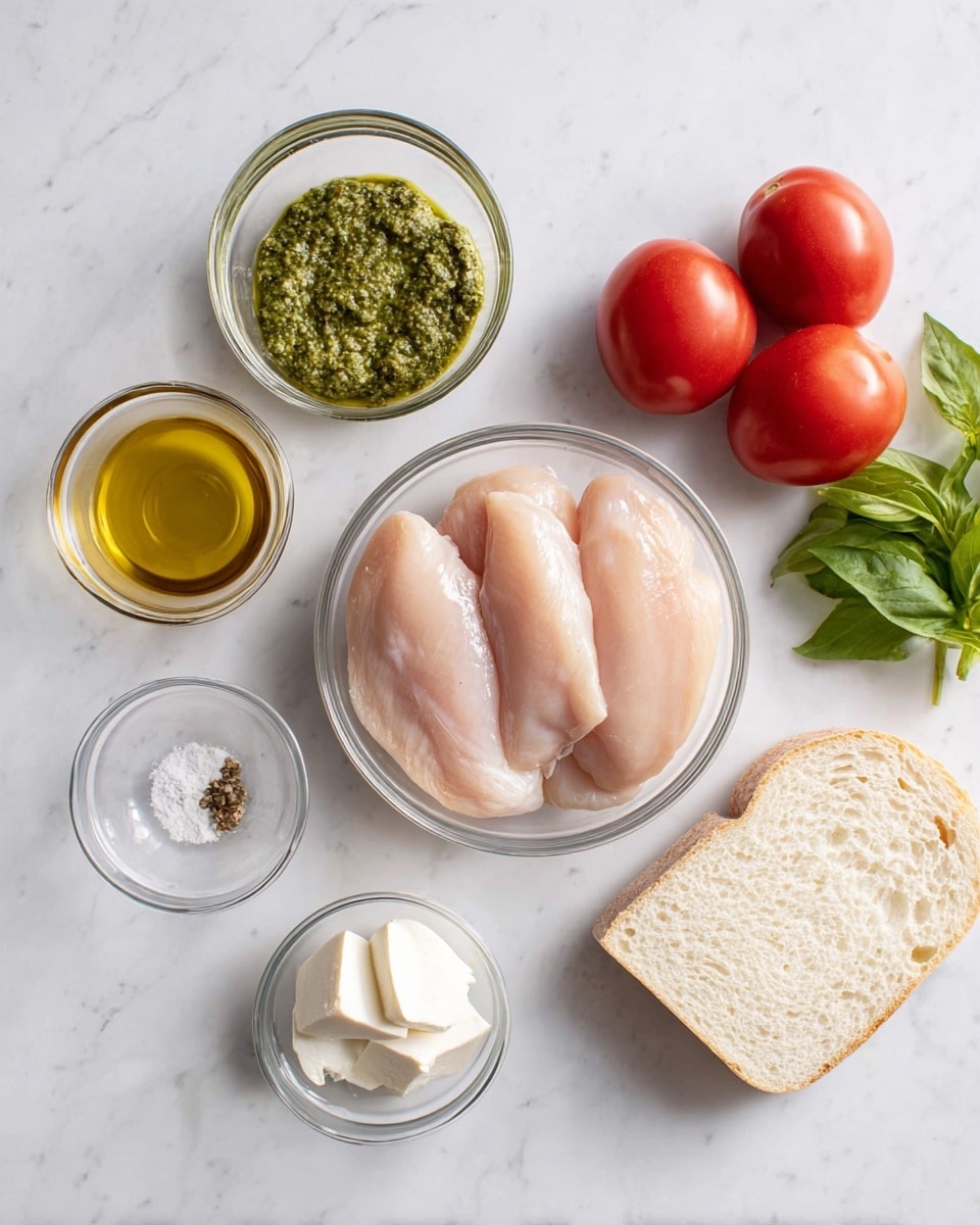 The image shows raw chicken with four smooth light pink pieces placed in a clear round bowl at the center of a white marbled surface. To the left, there is a small clear glass bowl with green pesto sauce that has a coarse texture, above it a small clear bowl with golden olive oil, and below it a small round clear bowl with white soft mozzarella cheese. At the right side of the chicken bowl, two whole red ripe tomatoes and a short bunch of green basil leaves are placed next to a white slice of bread with a soft texture and small holes. A small clear bowl with salt and ground pepper is placed just above the chicken bowl, keeping everything neatly arranged. Photo taken with an iphone --ar 4:5 --v 7