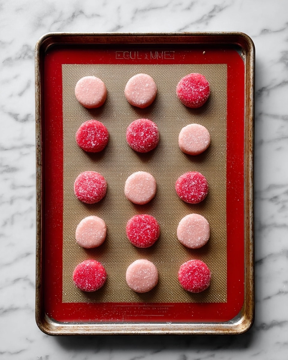 The image shows 12 small round cookie dough pieces on a baking sheet lined with a silicone mat, arranged in a 3 by 4 grid. The cookies come in two colors, bright red and pale pink, alternating in rows and columns. Each dough piece has a smooth texture and is dusted with sugar crystals, making them shimmer slightly. The baking sheet rests on a white marbled surface with soft, natural light highlighting the details. photo taken with an iphone --ar 4:5 --v 7