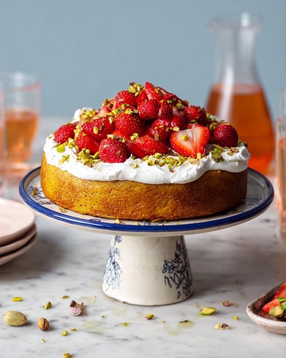 The image shows a single-layer round cake with a golden-brown color placed on a white ceramic cake stand with blue trim. On top of the cake is a thick layer of white whipped cream that spreads evenly to the edges. Over the whipped cream, there are whole and sliced fresh red strawberries piled high in the center. Small chopped green pistachios are sprinkled lightly over the strawberries and cream. The cake stand rests on a white marbled surface, with a few pistachio pieces and stray strawberries around it. In the background, there are some glasses and a carafe with a light amber drink. Photo taken with an iphone --ar 4:5 --v 7