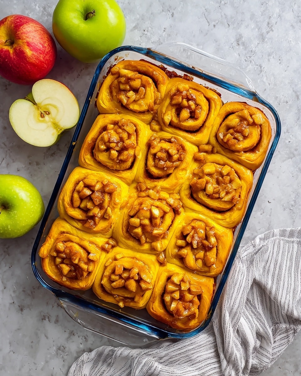 A clear glass baking dish holds twelve golden brown cinnamon rolls arranged in three rows of four. Each roll is tightly swirled with a bright yellow dough, filled with small, chunky pieces of light brown apple scattered evenly inside and slightly on top. The rolls have a soft texture with a slightly shiny surface, showing a contrast between the warm dough and the juicy apple pieces. The dish sits on a white marbled surface. Around the dish are three whole apples, one red and two green, with one green apple sliced in half showing its inside. A white cloth with gray stripes is partly visible beside the baking dish. Photo taken with an iphone --ar 4:5 --v 7