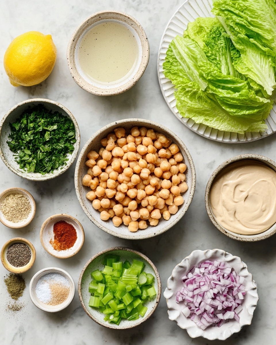 The image shows nine small bowls and a white plate arranged neatly on a white marbled surface. In the center is a bowl filled with light brown chickpeas. At the top right, the white plate holds fresh bright green romaine lettuce leaves. To the left of the central bowl, there is a bowl of chopped fresh green herbs, below it a halved lemon with bright yellow flesh, and next to that, a small bowl of clear lemon juice. Below the central bowl is a bowl of chopped green celery. At the bottom right, there is a larger bowl filled with a smooth, creamy beige sauce. Near this bowl, a small dish contains light brown mustard. At the top center, a bowl holds three piles of spices: white salt, black pepper, and red paprika. Finally, a scalloped bowl on the right contains finely chopped purple onions. Photo taken with an iphone --ar 4:5 --v 7