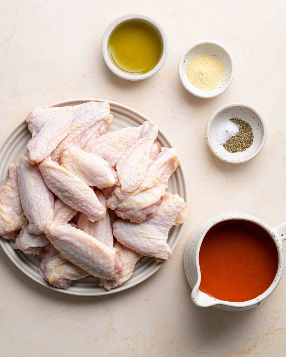 A large round white plate sits on a white marbled surface, piled with many raw chicken wings showing pale pink and white colors with smooth, slightly textured skin. To the top right, a small bowl holds light green olive oil while another bowl beside it contains three sections of seasoning: white salt, yellow garlic powder, and black pepper. Below, a small white cup with a spout holds rich, reddish-orange sauce with a smooth surface. The overall scene has a clean and simple look, arranged neatly for cooking preparation photo taken with an iphone --ar 4:5 --v 7