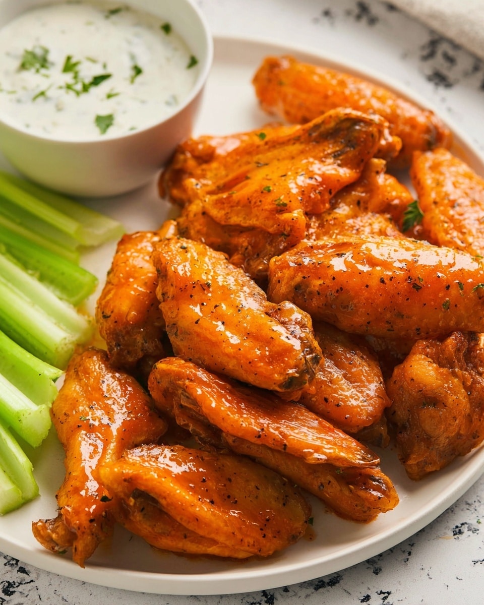 The image shows a white plate filled with many orange buffalo chicken wings coated in a shiny sauce and sprinkled with black pepper. Next to the wings are several green celery sticks with a crisp texture. On the side, part of a white bowl with a creamy white dipping sauce with small green herb pieces is visible. The plate sits on a white marbled textured surface photo taken with an iphone --ar 4:5 --v 7