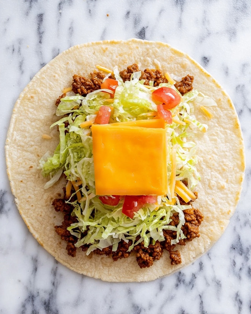 A large soft tortilla lies flat on a white marbled surface, topped with several layers. The bottom layer is crumbled brown cooked beef scattered unevenly on the tortilla. Next is a bright orange square slice of cheese placed centrally. Above the cheese sits a round, golden, crispy taco shell filled with small diced red tomatoes. The top layer is a generous pile of shredded pale green lettuce, loosely spread over the taco shell and tomatoes. The image is clear and bright, showing all layers distinctly. photo taken with an iphone --ar 4:5 --v 7