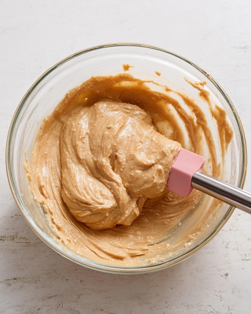 A clear glass bowl is filled with thick, light brown batter that has a smooth and slightly lumpy texture. The batter is being stirred by a spatula with a pink silicone head and a silver handle. The bowl sits on a surface with white marbled texture. The batter has visible lines and swirls from stirring, showing its creamy consistency photo taken with an iphone --ar 4:5 --v 7
