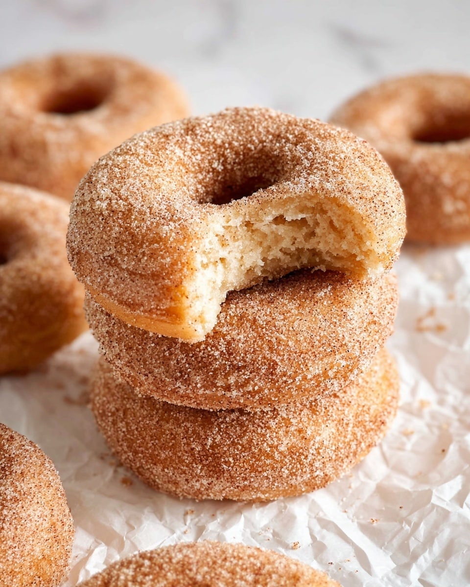 The image shows a stack of two cinnamon sugar donuts placed on crumpled white paper with more donuts scattered around on a white marbled surface. The donuts are golden brown and covered evenly with a layer of fine cinnamon sugar, giving them a textured, grainy surface. The top donut has a large bite taken out of its edge, revealing a soft, light golden inside. The whole scene is brightly lit, highlighting the sugary coating and soft texture of the donuts. photo taken with an iphone --ar 4:5 --v 7