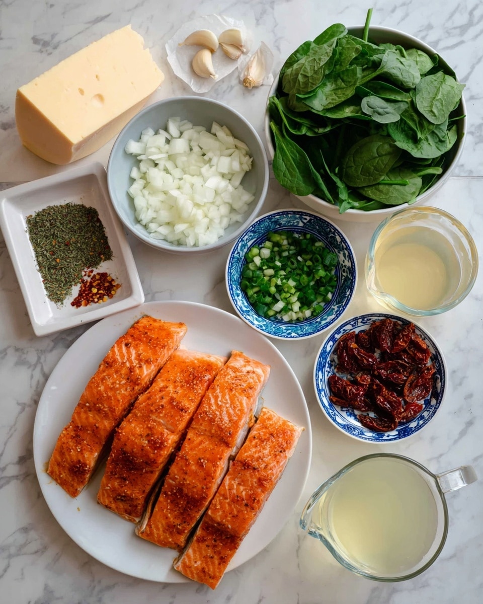 The image shows an overhead view of several ingredients neatly arranged on a white marbled surface. On a white plate, there are four pieces of seasoned cooked salmon fillets, orange with a slightly charred texture. Surrounding the plate are small bowls and measuring cups: one bowl holds fresh spinach leaves in dark green, another bowl contains chopped white onions, a small bowl has chopped green herbs, and another has minced garlic. There is a small blue and white patterned bowl filled with dark red sun-dried tomatoes. A clear measuring cup contains a light yellow liquid, likely broth, and another clear measuring cup holds a creamy white liquid. A large wedge of pale yellow cheese rests near the top left corner. A small white dish holds a dried mix of green herbs and red chili flakes. The whole setting is clean and organized. Photo taken with an iphone --ar 4:5 --v 7