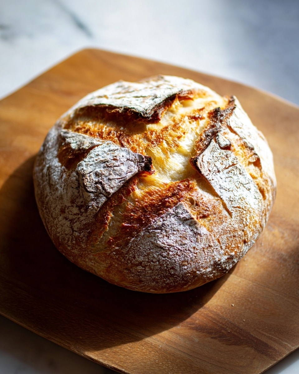 A round loaf of rustic bread sits on a wooden board, showing a crust with deep golden brown colors and a rough, cracked texture. The surface has a light dusting of white flour and the bread top displays several layered cracks and ridges, which reveal a soft, creamy inside. The loaf is positioned centrally, with a bright natural light highlighting its textures and warm tones, against a white marbled surface background. photo taken with an iphone --ar 4:5 --v 7