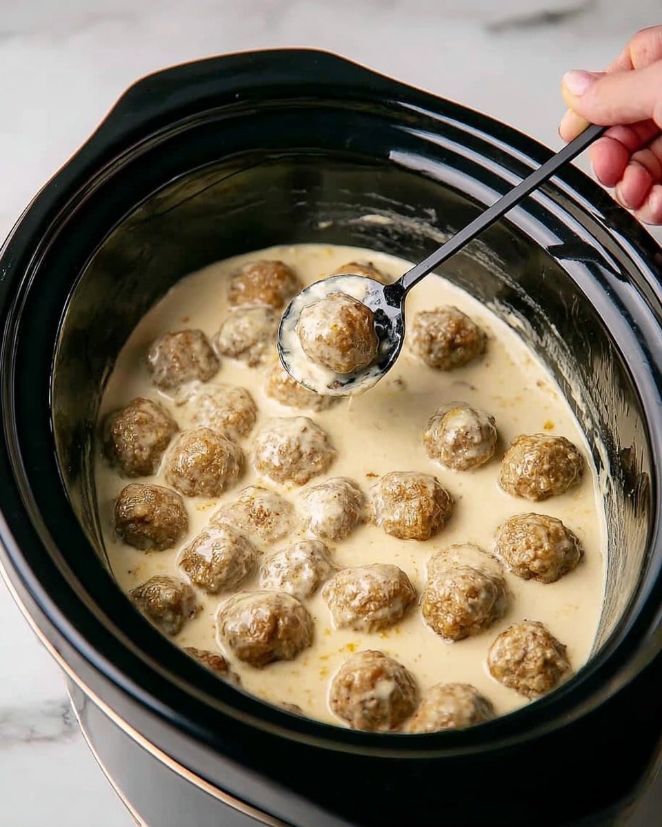 The image shows a black slow cooker filled with a creamy light beige sauce layer covering the bottom and sides. On top, there are multiple small, round, light brown meatballs coated slightly in the sauce, some partially submerged. A black slotted spoon held by a woman's hand is lifting a few meatballs, creating a slight motion blur. The slow cooker is placed on a white marbled surface. photo taken with an iphone --ar 4:5 --v 7