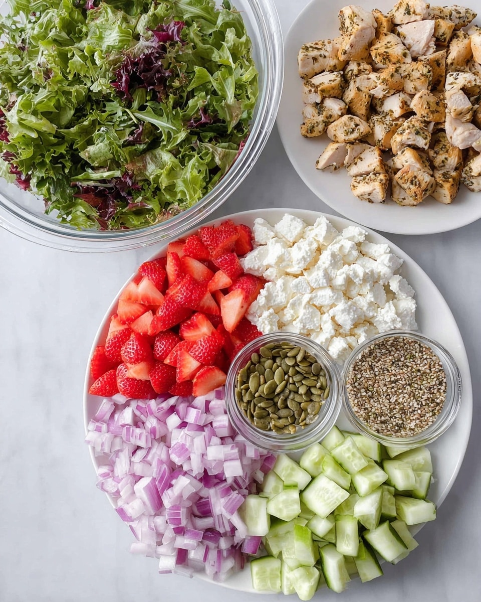 A white plate is divided into six sections filled with different fresh ingredients: diced red onions on the left with a light purple color and crunchy texture, bright red sliced strawberries in the center with a juicy look, creamy white cottage cheese with a soft texture at the bottom right, and chopped light green cucumbers on the top right, showing a crisp texture. In two small clear bowls placed on the plate, one holds green pumpkin seeds with a smooth texture, and the other has light beige hemp seeds which look grainy. Next to this plate, to the top right, another white plate holds evenly chopped cooked chicken pieces with a golden-brown roasted outer layer and a tender white inside. At the top left, there is a clear plastic container full of mixed fresh green salad leaves with different shades of green and purple, showing a leafy and crisp texture. All items rest on a smooth white marbled surface. Photo taken with an iphone --ar 4:5 --v 7