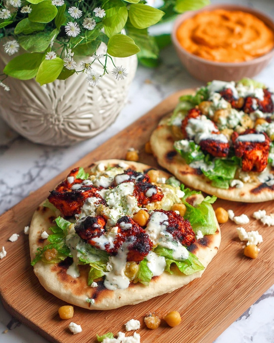 The image shows a flatbread dish with two pieces on a wooden board placed on a white marbled surface. Each flatbread has a soft, slightly charred base. On top, there is a layer of fresh green lettuce, followed by grilled pieces of reddish-brown chicken with a charred texture. Scattered around are small golden-brown chickpeas and small crumbles of white cheese. A creamy white sauce is drizzled unevenly over the flatbread. In the background, there is a white decorative pot with green leaves and white flowers, and a bowl with a thick orange dip next to the wooden board. Photo taken with an iphone --ar 4:5 --v 7