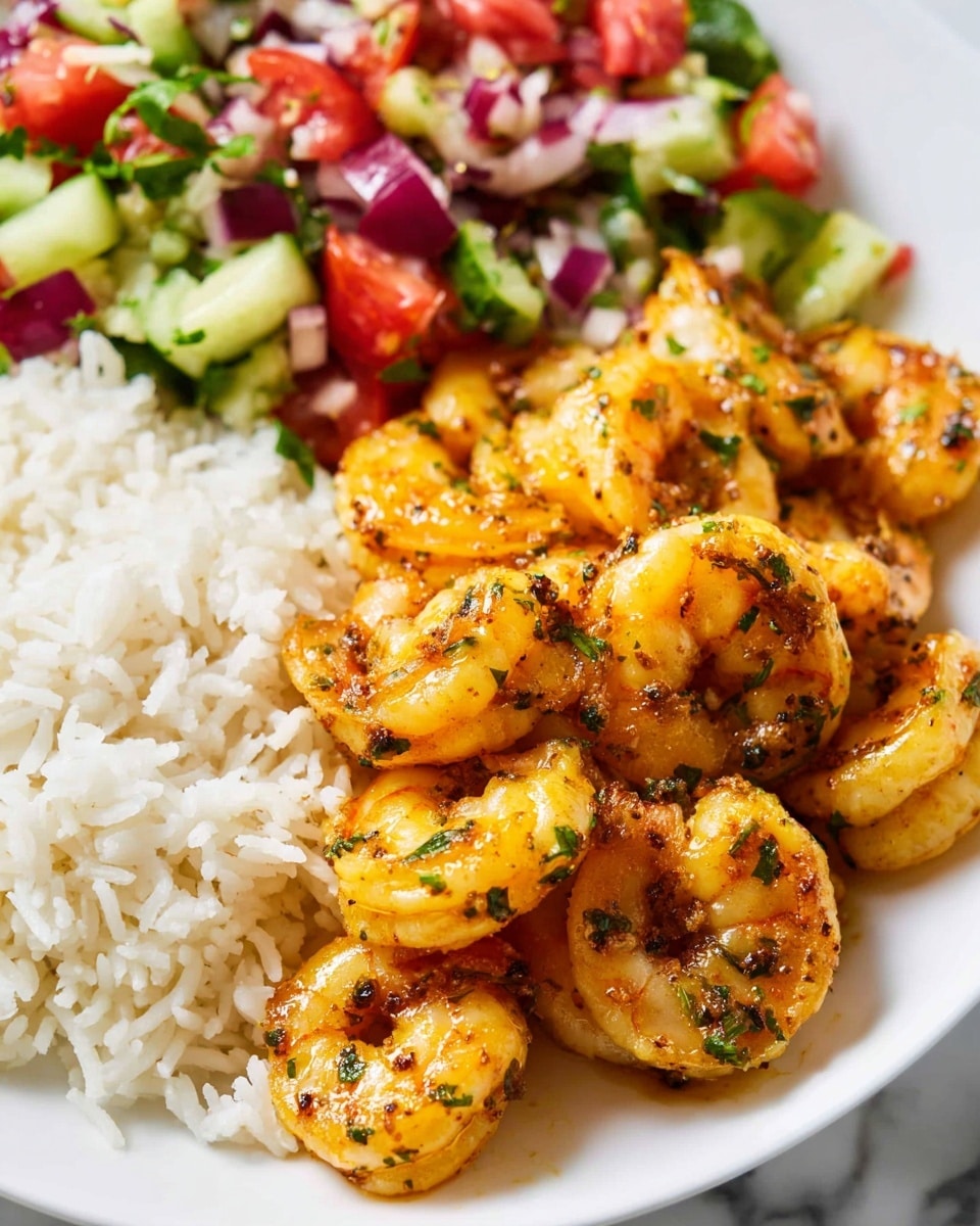 A white plate filled with three main layers: the front layer is a mound of cooked shrimp, golden-orange in color with green herb bits and small browned spots, each shrimp slightly curled showing a juicy texture; behind and to the right, a fluffy white layer of rice with soft, separate grains; to the left and back, a chopped salad with small, colorful cubes of red tomatoes, green cucumbers, and deep purple onions mixed with leafy green pieces, all set on a white marbled surface. photo taken with an iphone --ar 4:5 --v 7