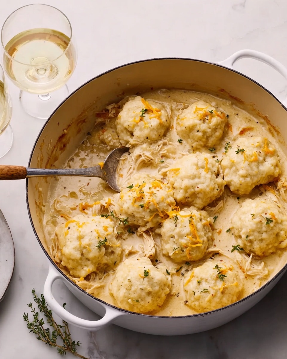 A round white pot filled with a creamy chicken and dumplings dish, showing about nine fluffy, light beige dumplings layered evenly on top, each with a soft, slightly grainy texture and small orange shreds, resting above shredded pale chicken mixed in a smooth, thick cream sauce. A silver serving spoon with a wooden handle is placed inside the pot, leaning against the dumplings. The pot sits on a white marbled surface with a glass of white wine and a small sprig of thyme nearby. Photo taken with an iphone --ar 4:5 --v 7