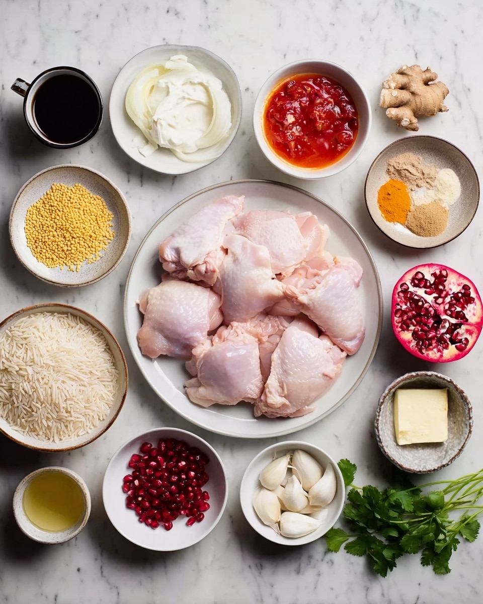 A white plate in the center holds several pieces of raw chicken thighs with a pink, smooth texture. Surrounding the plate are small white dishes containing various ingredients: bright red sauce with chunks, creamy white yogurt, finely chopped spices in orange, red, brown, and white colors, a small bowl of cream cheese, a pile of white garlic cloves, a peeled yellow onion, a bowl of uncooked long-grain rice, a cup of dark liquid, and a pomegranate half with red seeds. Fresh ginger root and green cilantro leaves add freshness on the white marbled surface around the plates. Photo taken with an iphone --ar 4:5 --v 7