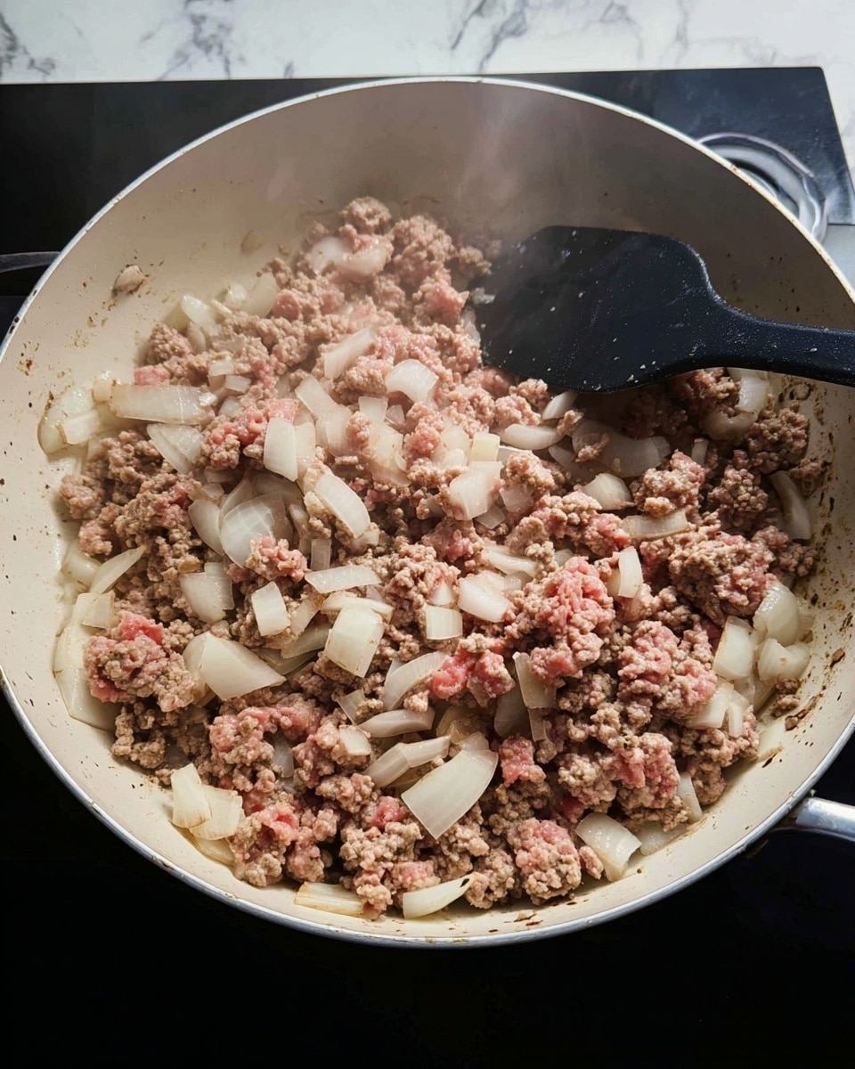 A large white pan contains a mix of ground meat and chopped white onions being cooked together. The meat has a mix of brown and pink parts, showing it is partly cooked. The onions are cut into medium-sized pieces and are scattered evenly throughout the meat. A black spatula is placed inside the pan, stirring the ingredients. Light steam rises from the pan, suggesting the food is hot. The setting is on a black stove with a white marbled surface around it. Photo taken with an iphone --ar 4:5 --v 7
