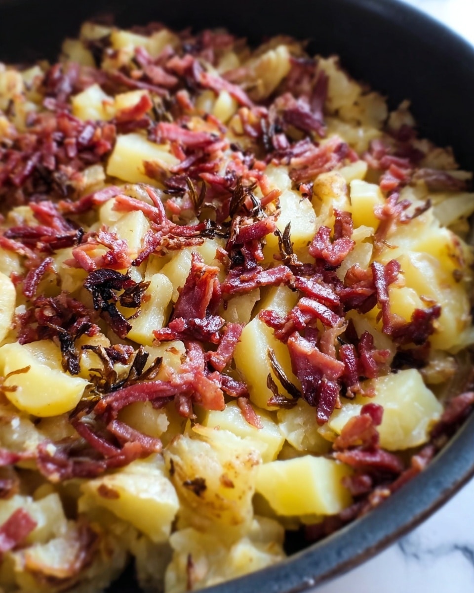 The image shows a close-up of a cooked dish with three main layers. The bottom layer appears to be a mix of soft, light yellow potatoes with some browned, crispy edges. On top of the potatoes, there are thin strips of reddish-brown meat or smoked ham scattered evenly. Some parts show slightly charred bits, adding a dark black color and rough texture. The overall dish looks warm and fresh, sitting in a black pan on a white marbled background. photo taken with an iphone --ar 4:5 --v 7