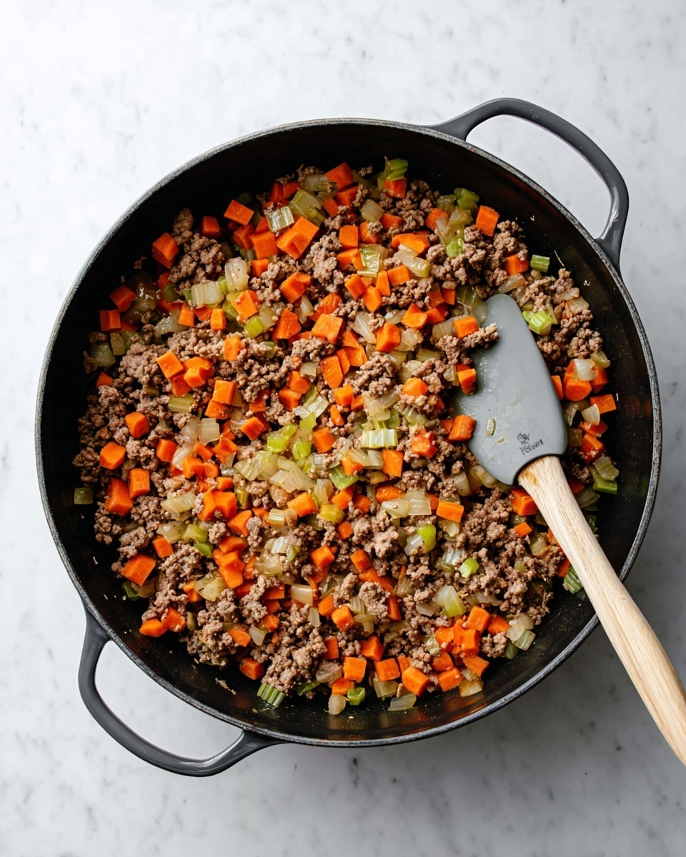 A round black pan with two handles contains a cooked mixture of ground meat with diced vegetables. The mixture has three main layers visible from top: dark brown crumbled meat, bright orange carrot cubes, and small pieces of light green celery, all mixed with translucent, lightly cooked onion bits. A gray spatula with a light wooden handle is placed inside on the right side, partially covering the food. The pan rests on a white marbled surface. photo taken with an iphone --ar 4:5 --v 7