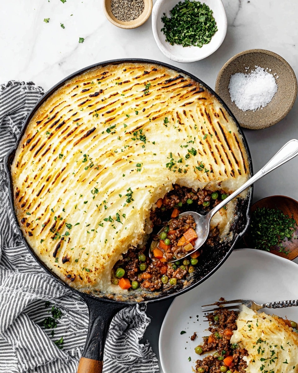 A black cast iron pan holds a two-layered shepherd’s pie with the top layer showing golden brown mashed potatoes, textured with parallel lines and sprinkled with green herbs. The bottom layer reveals a mix of browned ground meat, green peas, diced orange carrots, and pale green celery. A metal spoon scoops some of the filling from the pan. In the background, a white bowl holds a serving of the same dish. The pan rests on a striped cloth on a white marbled surface. photo taken with an iphone --ar 4:5 --v 7