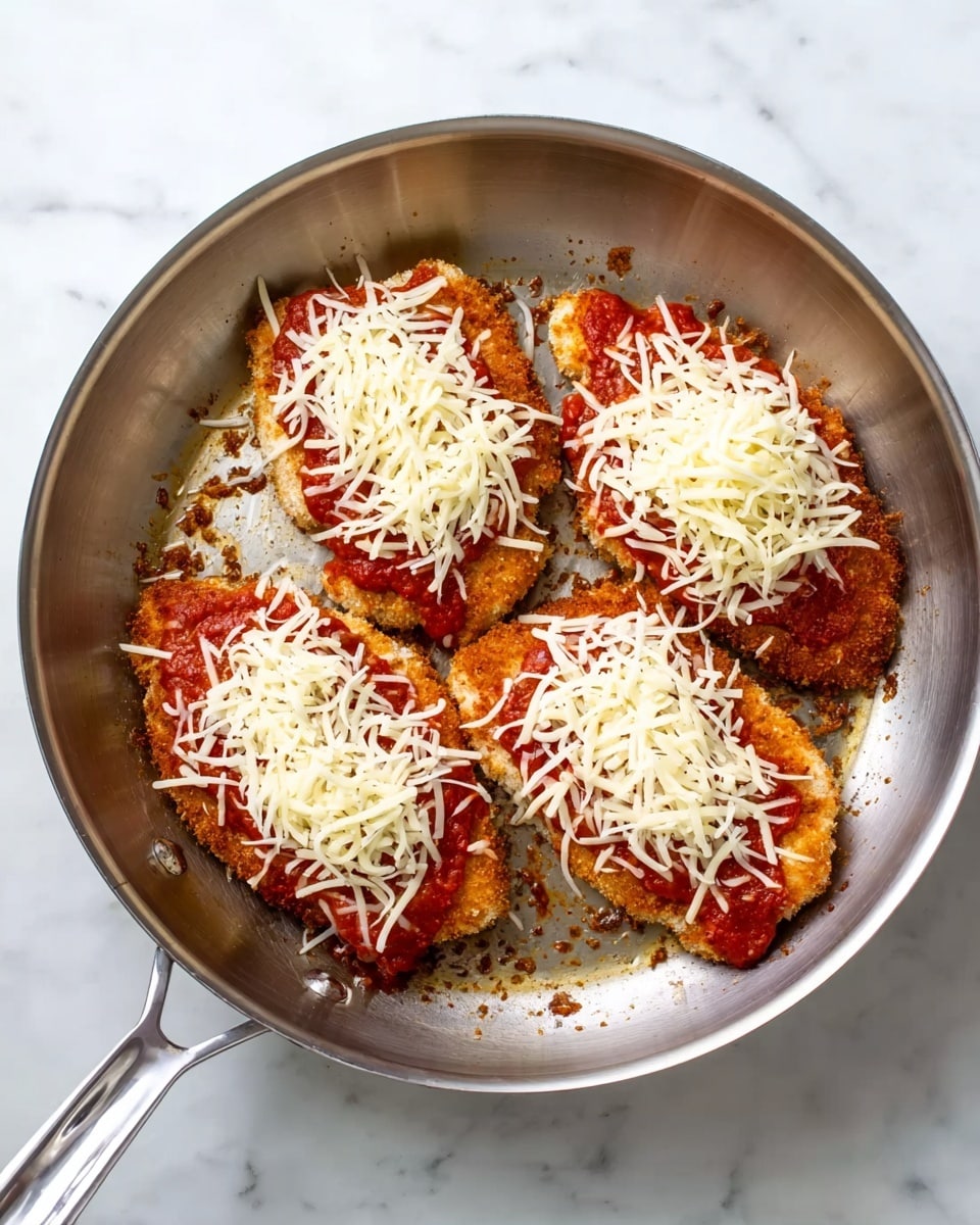 Four pieces of breaded chicken are in a silver frying pan on a white marbled surface. Each piece has three layers: a crispy light brown bottom layer, a middle red tomato sauce layer spread evenly, and a top layer of white shredded cheese piled generously. The frying pan has a shiny silver handle and small bits of browned crumbs around the chicken pieces. photo taken with an iphone --ar 4:5 --v 7