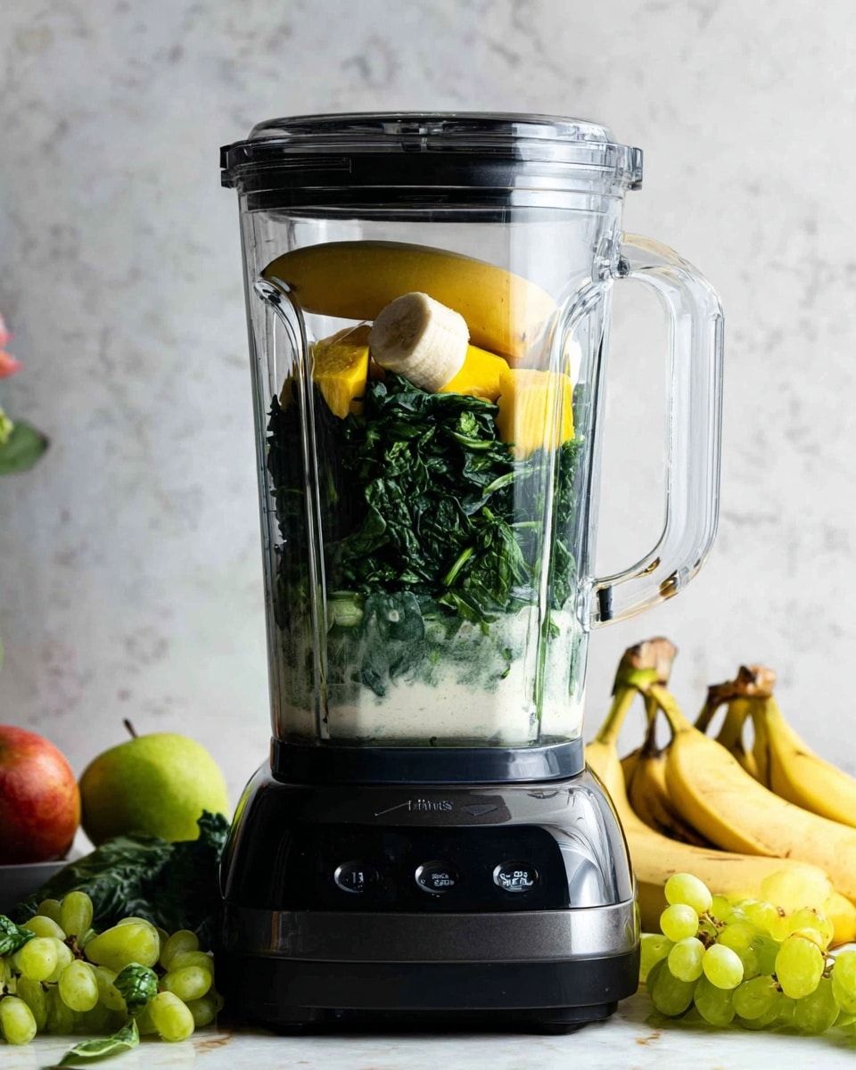 A clear blender jar filled with layers of ingredients sits on a black base with control buttons. At the bottom, there is a layer of white liquid with some green leafy pieces submerged. Above this, a thick pile of dark green spinach leaves fills most of the jar. On top of the spinach, there are bright yellow chunks, followed by a whole peeled banana placed horizontally near the top edge. The background and surface are white with a marbled texture. On the right side, there is a bunch of yellow bananas and some green grapes in front. Some leafy greens and an apple are partially visible on the left side. photo taken with an iphone --ar 4:5 --v 7
