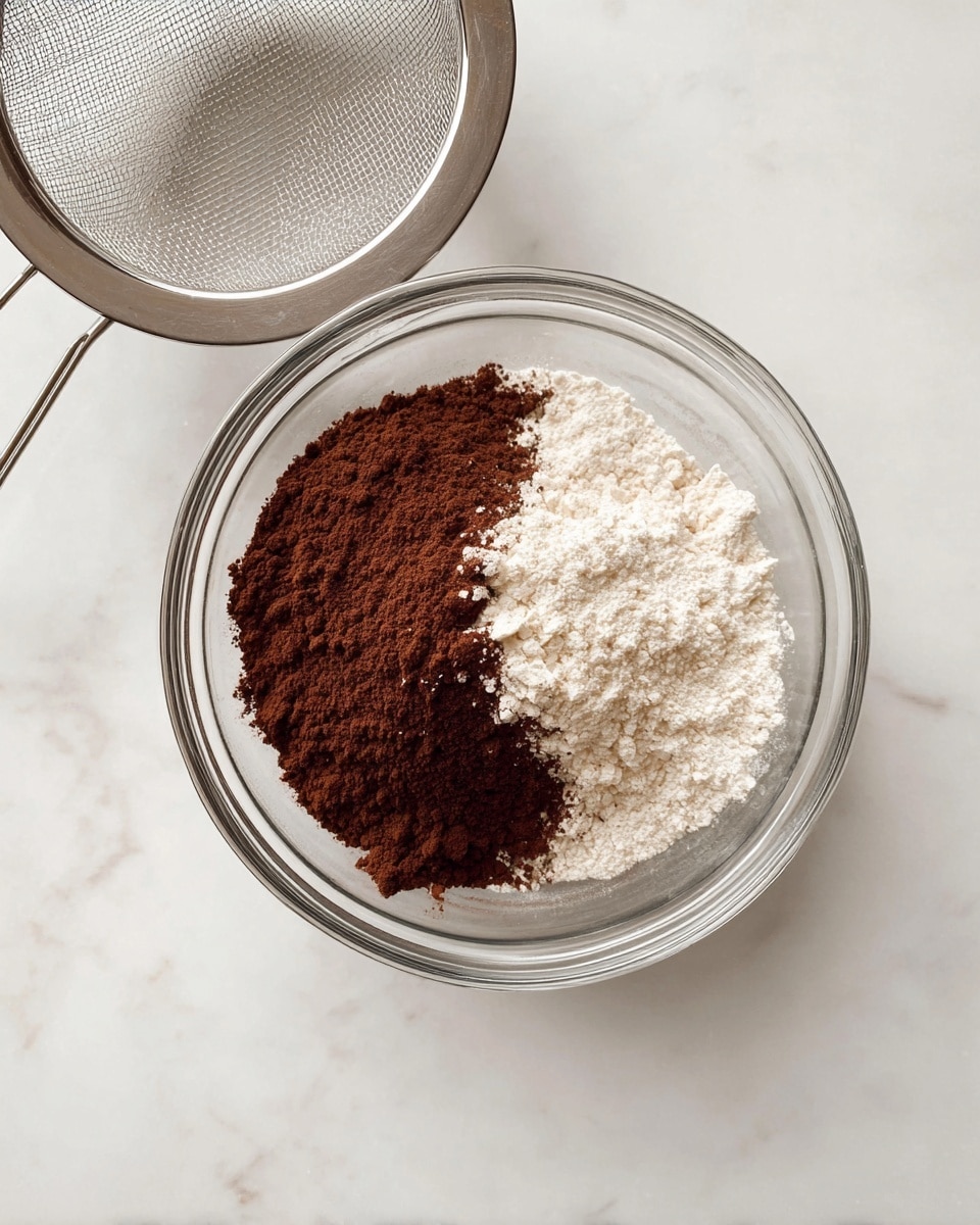 A clear glass bowl sits on a white marbled surface, filled with two separate piles of dry powder: one side is dark brown cocoa powder and the other side is white flour. Above the bowl, a metal sieve with a fine mesh and shiny rim is visible, photoshoot style neat and clean. The setup is simple and focused on the contrasting color and texture of the two powders. photo taken with an iphone --ar 4:5 --v 7