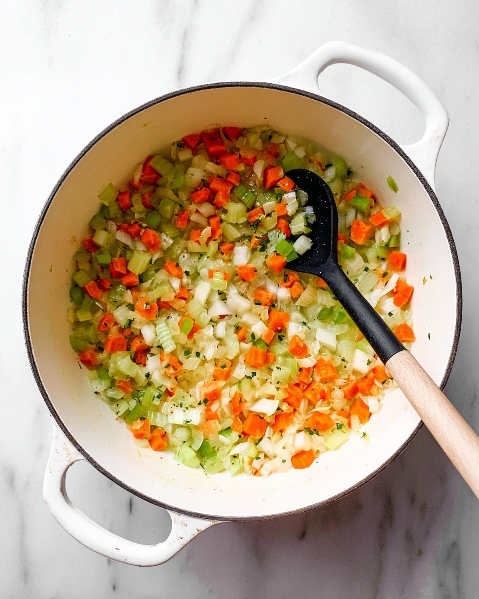 A white pot filled with a light layer of diced vegetables including orange carrots, green celery, and white onions, all gently mixed and cooked down. The vegetables are evenly spread, showing mixed colors and soft textures, with small black seasoning specks scattered throughout. A black spoon with a light wooden handle rests inside the pot, angled slightly to the right and holding a small amount of the vegetables. The pot is placed on a white marbled surface. photo taken with an iphone --ar 4:5 --v 7