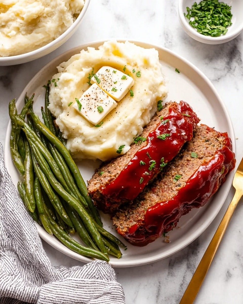 The dish shows a white round plate with three main parts: two thick slices of meatloaf on the right side, topped with smooth, shiny red sauce and sprinkled with chopped green herbs; a generous scoop of creamy mashed potatoes in the upper center, with two small rectangular butter pieces melting on top and sprinkled with pepper; and a bunch of cooked green beans on the left, slightly glossy and arranged in a neat pile. The plate sits on a white marbled surface, and a gold fork lies below the plate on the right side, while a woman’s hand rests on a gray and white striped cloth in the lower left corner. In the background at the top, there is a small white bowl of more mashed potatoes and a small bowl of chopped green herbs visible. Photo taken with an iphone --ar 4:5 --v 7