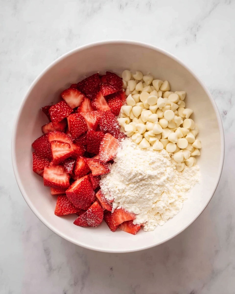 A white bowl sits on a white marbled surface filled with three separate layers: on the left, there are red sliced strawberries with a fresh texture; on the right, there is a pile of small, smooth white chocolate chips; and underneath both, there is a layer of white flour, slightly uneven in texture, visible around the strawberries and chocolate chips. photo taken with an iphone --ar 4:5 --v 7