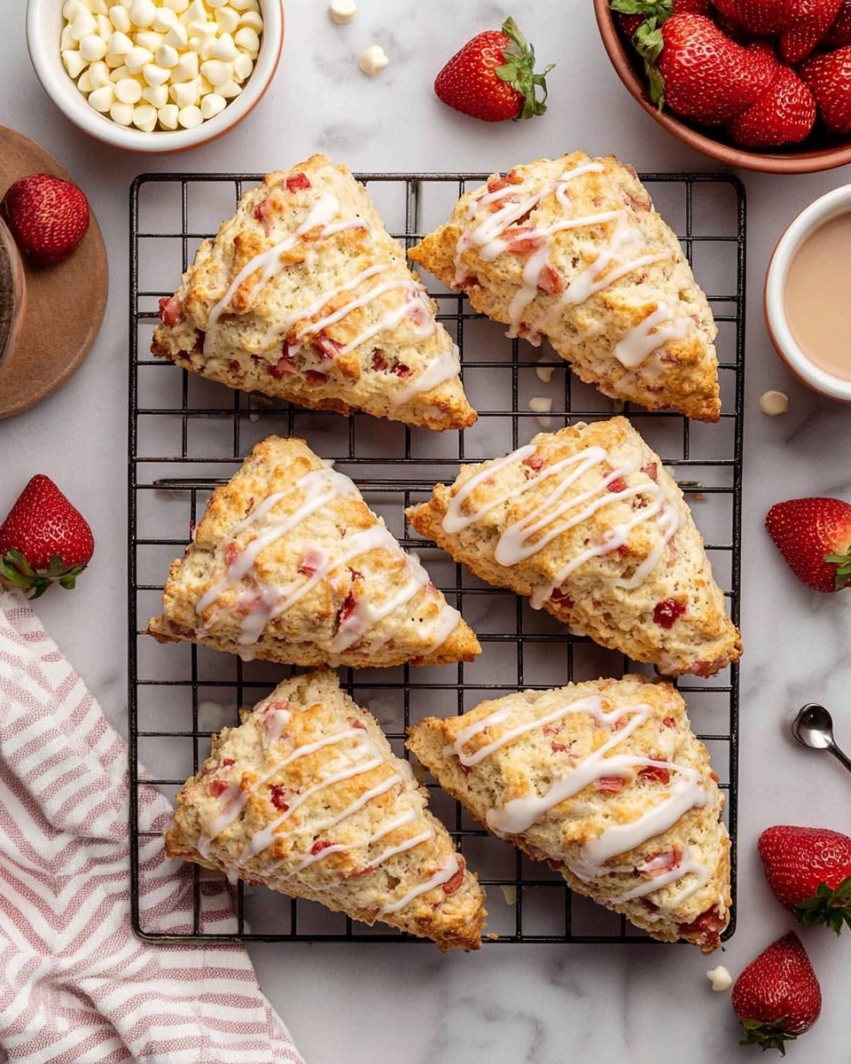 The image shows eight golden-brown scones arranged in two rows on a silver wire cooling rack. Each scone has a rough, crumbly texture with visible chunks of red strawberries inside and a light drizzle of white icing on top. The scones have an irregular, homemade shape with a slightly crisp crust. The background is a white marbled surface with some small white bowls and a partially visible white cup around the rack. Photo taken with an iphone --ar 4:5 --v 7