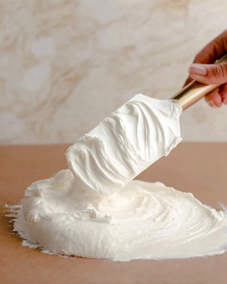 A close-up image showing a woman's hand holding a white spatula lifting a thick, white, fluffy mixture with a smooth, creamy texture. The mixture lies on a flat brown surface, with soft peaks and swirls visible. The background features a white marbled texture. photo taken with an iphone --ar 4:5 --v 7