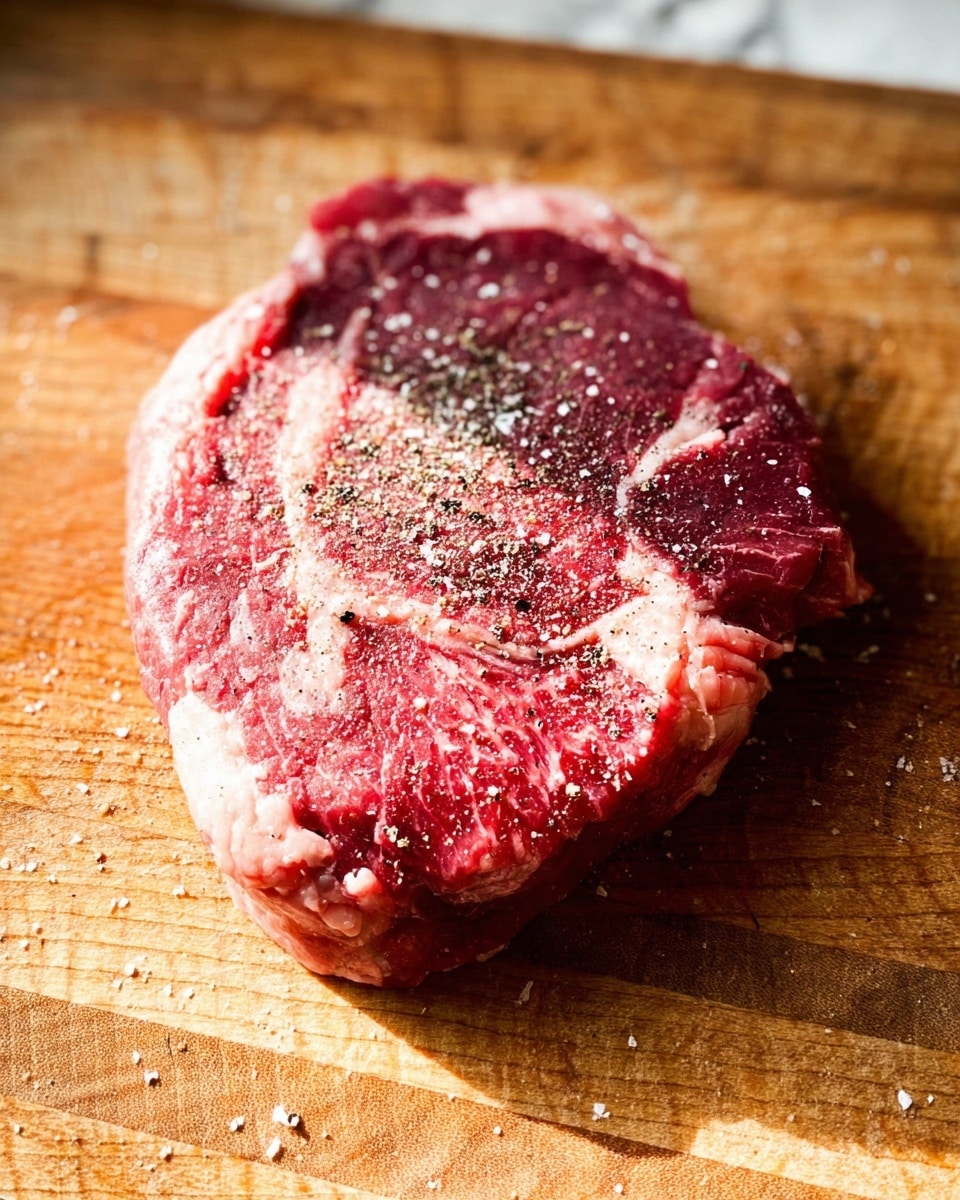 A single raw beef steak is placed on a wooden cutting board with a visible grain pattern. The steak is thick with rich red meat interspersed with white fat marbling. It is sprinkled unevenly with coarse black pepper and salt, creating small white and dark specks on the meat surface. The light shines on the steak from the left side, casting soft shadows and highlighting the texture of both meat and fat. The background is a white marbled texture. photo taken with an iphone --ar 4:5 --v 7
