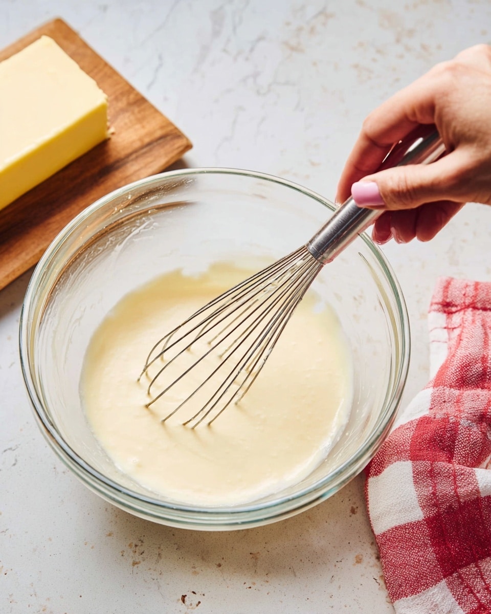 A clear glass bowl sits on a white marbled surface, holding a creamy, pale yellow batter being whisked smoothly with a silver metal whisk. The whisk's wires are thin and evenly spaced, held by a woman's hand with neatly painted light pink nails, stirring gently. To the left of the bowl, a rectangular block of yellow butter rests on a small wooden board, beside a red and white checkered cloth that is softly folded. The overall scene is bright and clean, focusing on the smooth texture of the batter and the careful motion of whisking. photo taken with an iphone --ar 4:5 --v 7