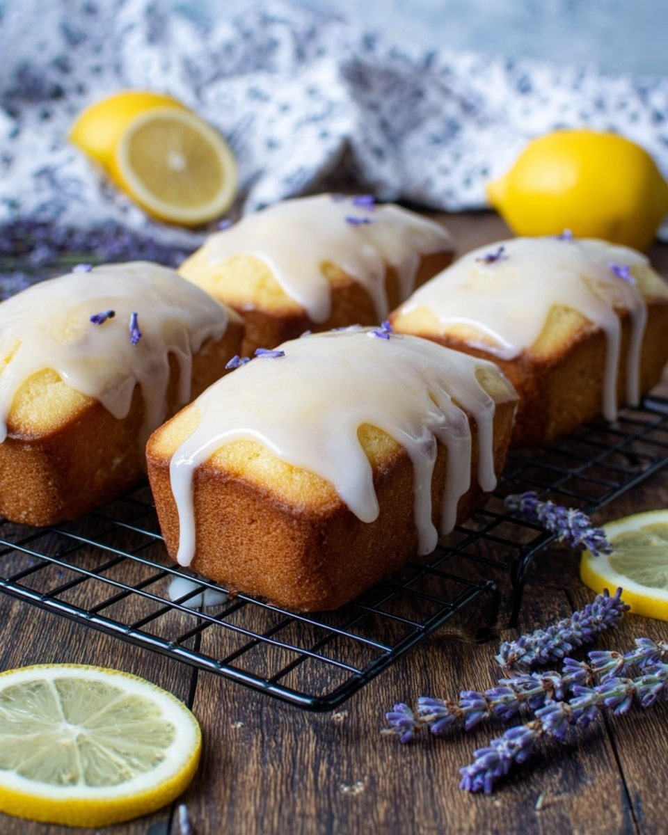 Four small rectangular cakes with golden-brown bases and soft light yellow tops sit on a black wire cooling rack. Each cake is covered with a shiny white icing that drips slightly over the edges. On the dark wooden surface below the rack, there are sprigs of small purple lavender flowers spread out, along with two lemon halves showing their bright yellow flesh. The background includes a soft focus white marbled texture and a patterned cloth. photo taken with an iphone --ar 4:5 --v 7