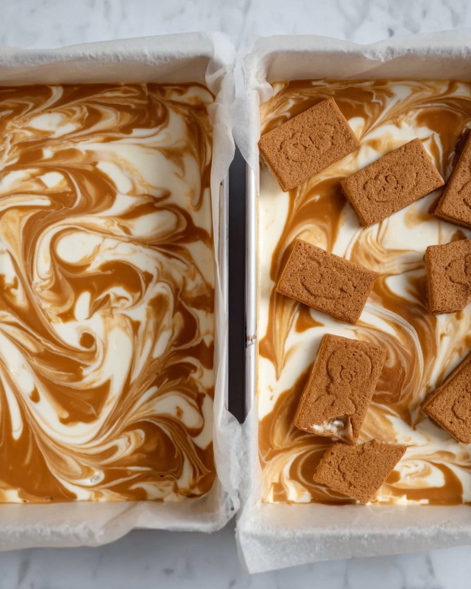 The image shows two white square baking pans lined with parchment paper filled with a creamy dessert layer that is swirled with a light brown sauce. The first pan has a smooth surface with the two colors swirled together in a marbled pattern. The second pan is topped with whole rectangular brown biscuits scattered unevenly over the same swirled creamy base. The background is a white marbled surface. photo taken with an iphone --ar 4:5 --v 7