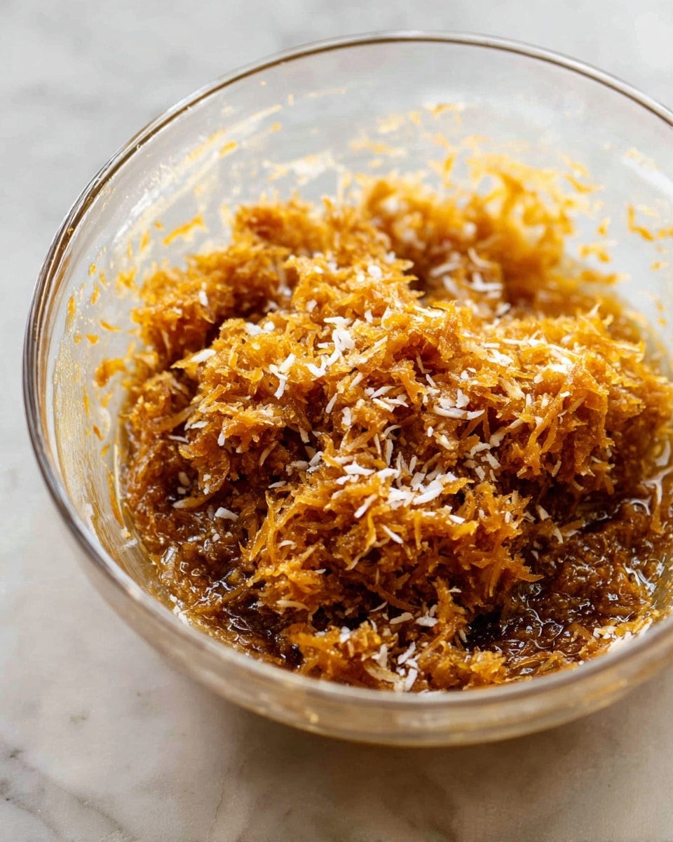 A close-up view of a clear glass bowl filled with a clumpy mixture of shredded, lightly browned coconut coated with a glossy brown syrup, showing a coarse and sticky texture. The bowl is placed on a white marbled surface, highlighting the details inside the bowl. The syrup glistens under the light, making the mixture appear rich and sweet. Photo taken with an iphone --ar 4:5 --v 7