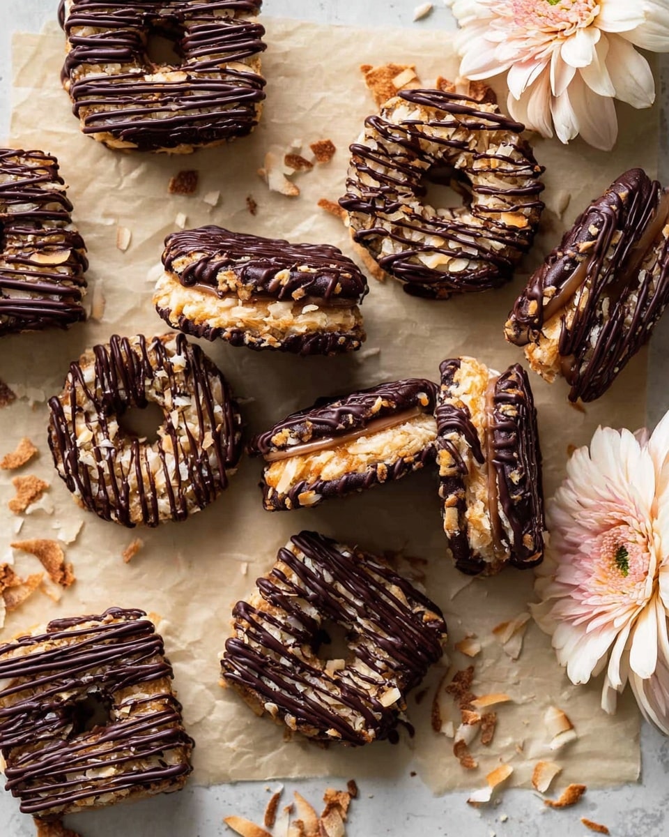 The image shows many small round cookies with a hole in the center, placed on a white marbled surface. Each cookie has two visible layers: a golden-brown coconut base that looks rough and chewy, and a dark glossy layer of chocolate drizzled thinly over the top in uneven lines. The cookies are arranged close to each other, covering the surface in a scattered pattern, with some chocolate drips on the surface around them. photo taken with an iphone --ar 4:5 --v 7