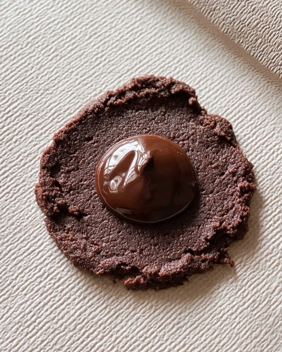 A dark brown, round chocolate dough layer is spread flat on a textured white mat with rough edges. In the center of this dough layer, there is a shiny, smooth dollop of glossy, dark chocolate. The dough shows a slightly grainy and soft texture with uneven thickness. The white mat beneath has a raised checkered pattern that contrasts with the deep brown of the chocolate dough and chocolate dollop. photo taken with an iphone --ar 4:5 --v 7
