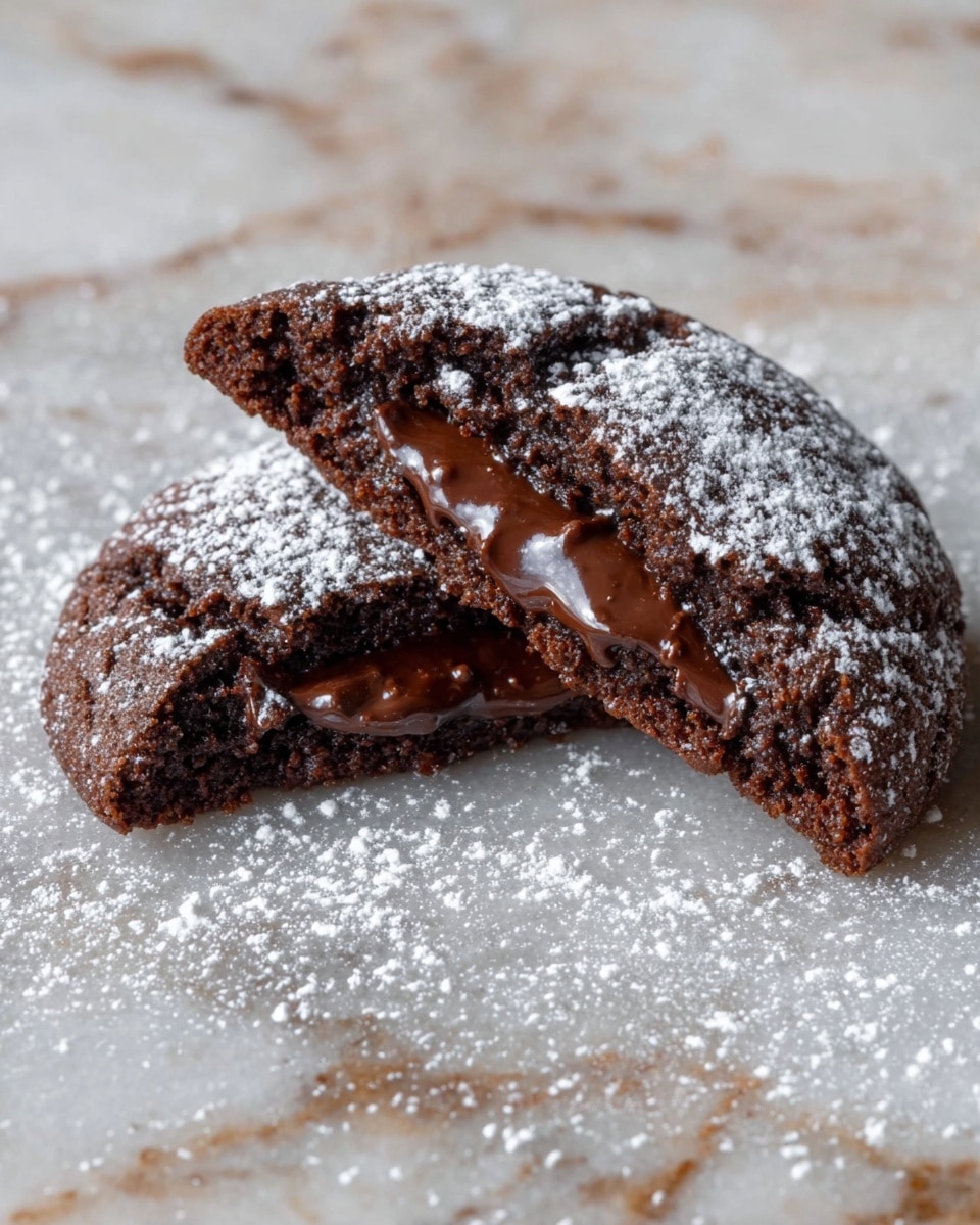 The image shows a chocolate cookie broken in half with a thick, shiny chocolate filling inside. The cookie is dark brown and topped with a light dusting of white powdered sugar. The surface underneath is a white marbled texture, adding clean contrast to the dark cookie. The cookie looks soft and moist, and the chocolate filling is glossy and smooth, spread evenly between the two layers of the cookie. Photo taken with an iphone --ar 4:5 --v 7