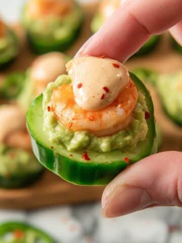 Shrimp and Avocado Cucumber Appetizer with Green Chili Guacamole Recipe