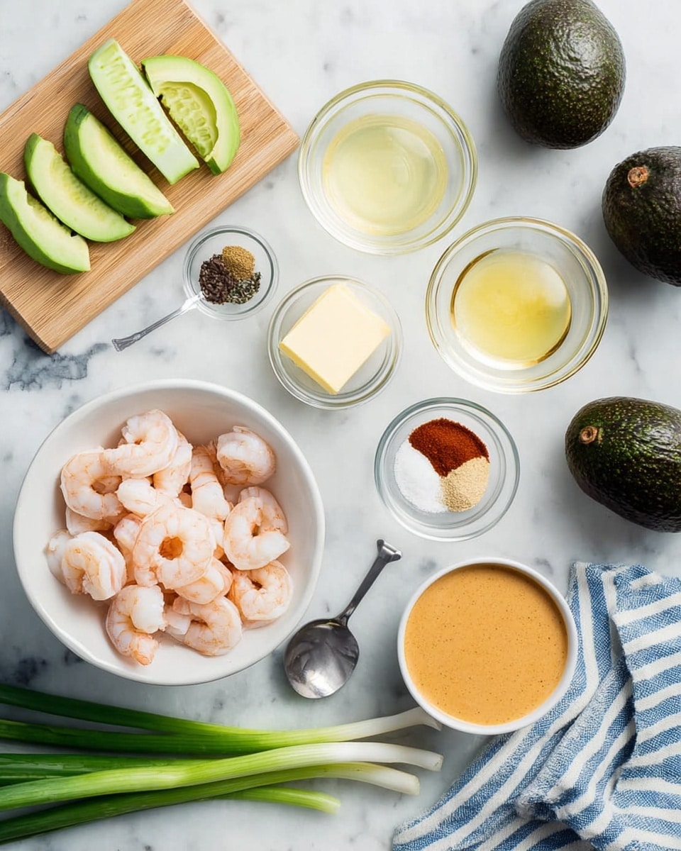 The image shows several cooking ingredients neatly arranged on a white marbled surface. In the center, there is a white bowl filled with small pink shrimp. Above the shrimp, two whole dark green avocados are placed side by side. To the top left, there is a small wooden board with three sliced green cucumber pieces. Nearby, a small clear bowl contains a light yellow liquid. Next to it, another small clear bowl holds several spices, including white, brown, and black powders. Surrounding these are five small white bowls: one contains a pat of yellow butter, another with a light yellow liquid, another with a slightly pale liquid, one with a reddish-brown powder, and the last with an orange creamy sauce. A silver spoon rests next to the orange sauce, and a striped blue and white cloth is folded near the bottom left. Long green onions lie at the bottom right corner. Photo taken with an iphone --ar 4:5 --v 7