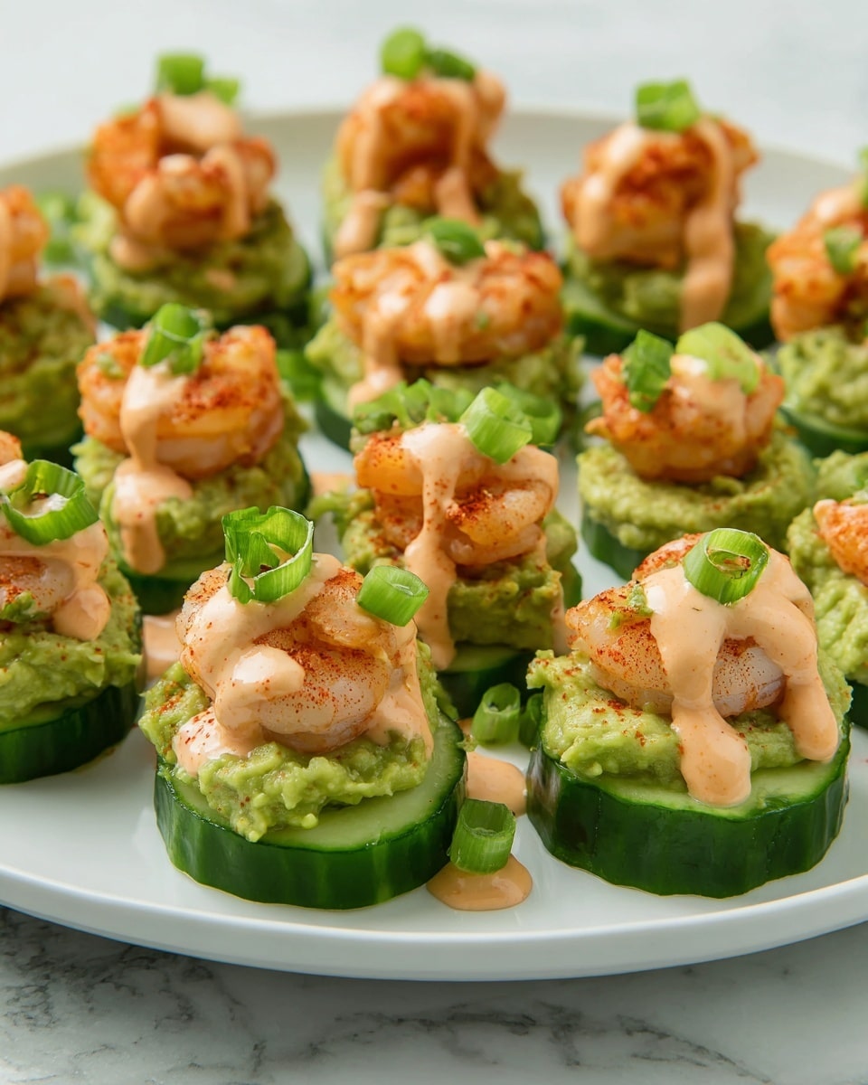 The image shows a white plate filled with bite-sized cucumber rounds as the base layer, each topped with a thick mound of green guacamole with a creamy texture. On top of the guacamole, there is a layer of small cooked shrimp with a light orange color, followed by a drizzle of a light pinkish-orange sauce that looks creamy and smooth. Each piece is finished with small, bright green chopped scallions scattered on top. The plate is placed on a white marbled surface. photo taken with an iphone --ar 4:5 --v 7
