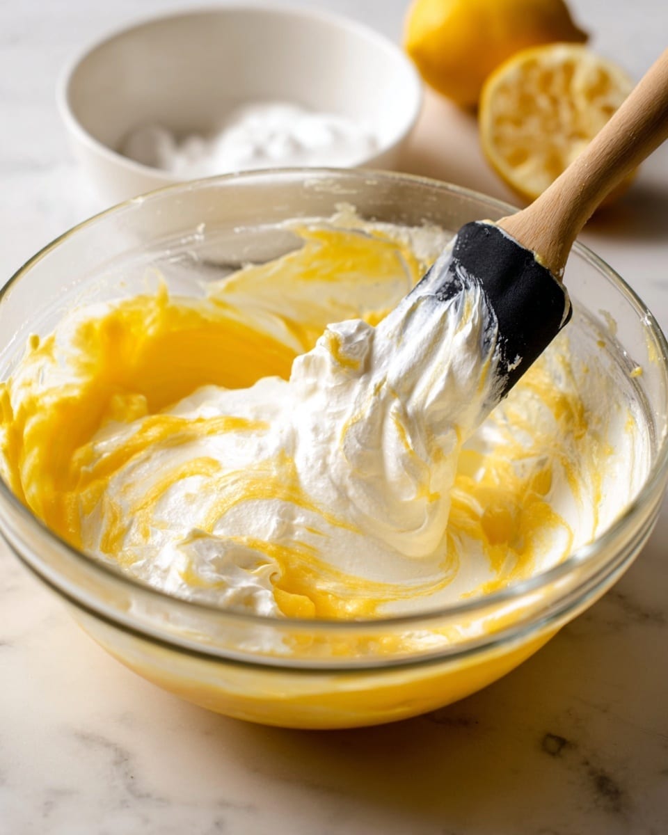 A clear glass mixing bowl filled with three main layers of ingredients being gently mixed with a spatula that has a black silicone head and wooden handle. The bottom layer is a smooth, bright yellow mixture, the middle layer is white and fluffy with a light, airy texture, and the top layer is a combination of both colors swirling together. In the background, there is a white bowl and a halved lemon on a white marbled surface. The light is soft and natural, highlighting the creamy textures inside the bowl photo taken with an iphone --ar 4:5 --v 7