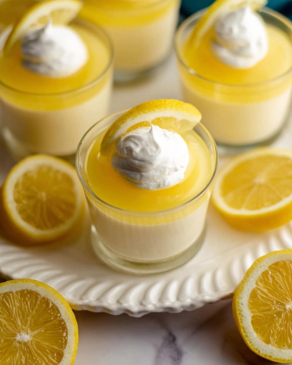 The image shows a close-up view of small glass cups filled with three layers of dessert. The bottom layer is a pale yellow creamy pudding, topped with a smooth layer of brighter yellow lemon jelly. On top, there is a dollop of white whipped cream crowned with a thin lemon wedge slice. Around the glasses, there are bright yellow lemon halves and slices placed on a white scalloped plate, all set on a white marbled surface. The colors are fresh and vibrant, with soft textures and clear contrasts between the creamy and jelly parts. Photo taken with an iphone --ar 4:5 --v 7