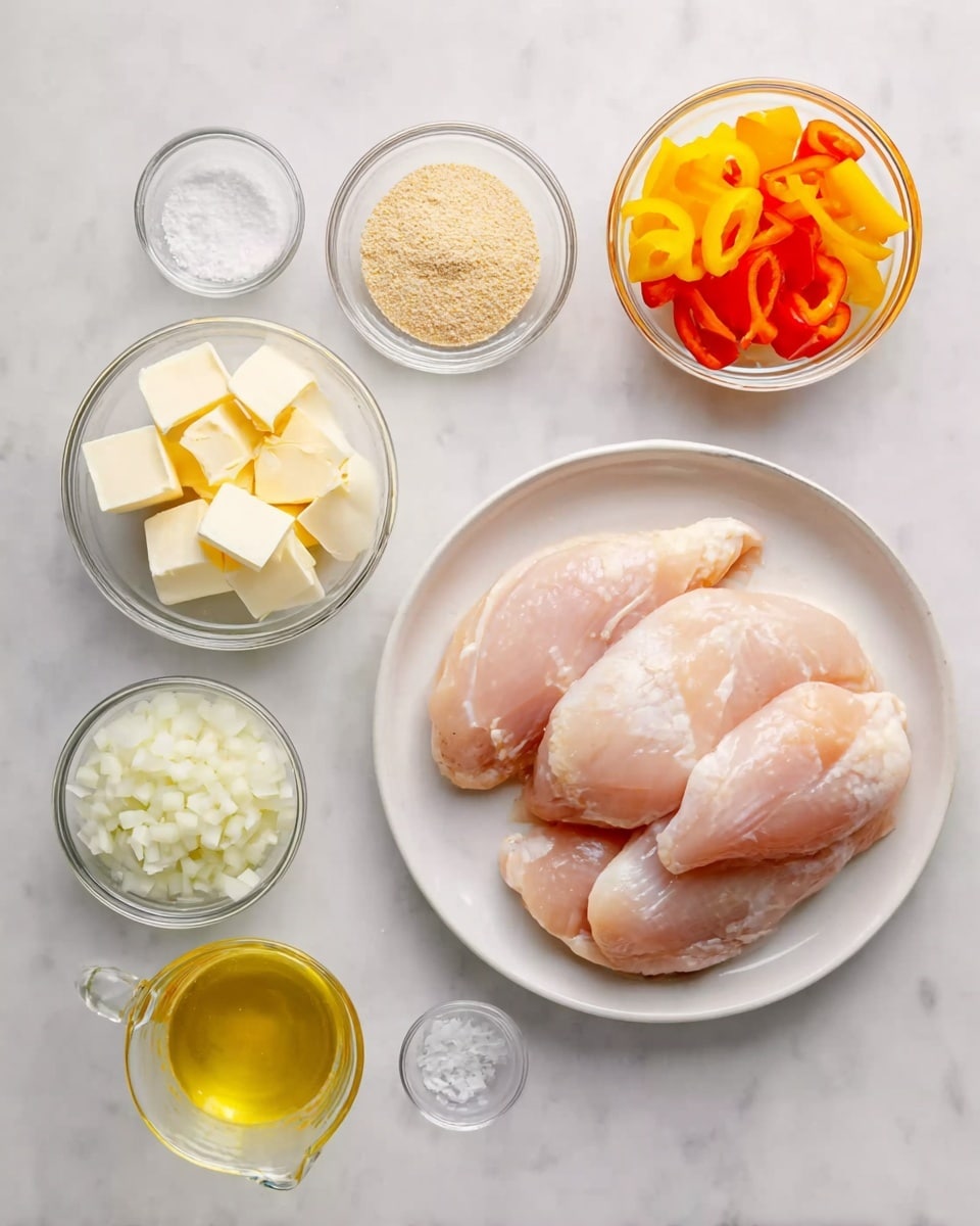 The image shows a top-down view of several small glass bowls and a white plate arranged on a white marbled surface. On the white plate are three raw, skinless chicken fillets stacked slightly overlapping. Around it, from top left corner moving clockwise, there are glass bowls holding cubed butter, a powdery white seasoning, sliced yellow and orange peppers, a light brown powder, chopped white onions, and a small amount of salt. Additionally, there is a small clear measuring cup with a clear yellow liquid near the bottom left side. The arrangement is neat and evenly spaced, with natural lighting highlighting the fresh ingredients photo taken with an iphone --ar 4:5 --v 7