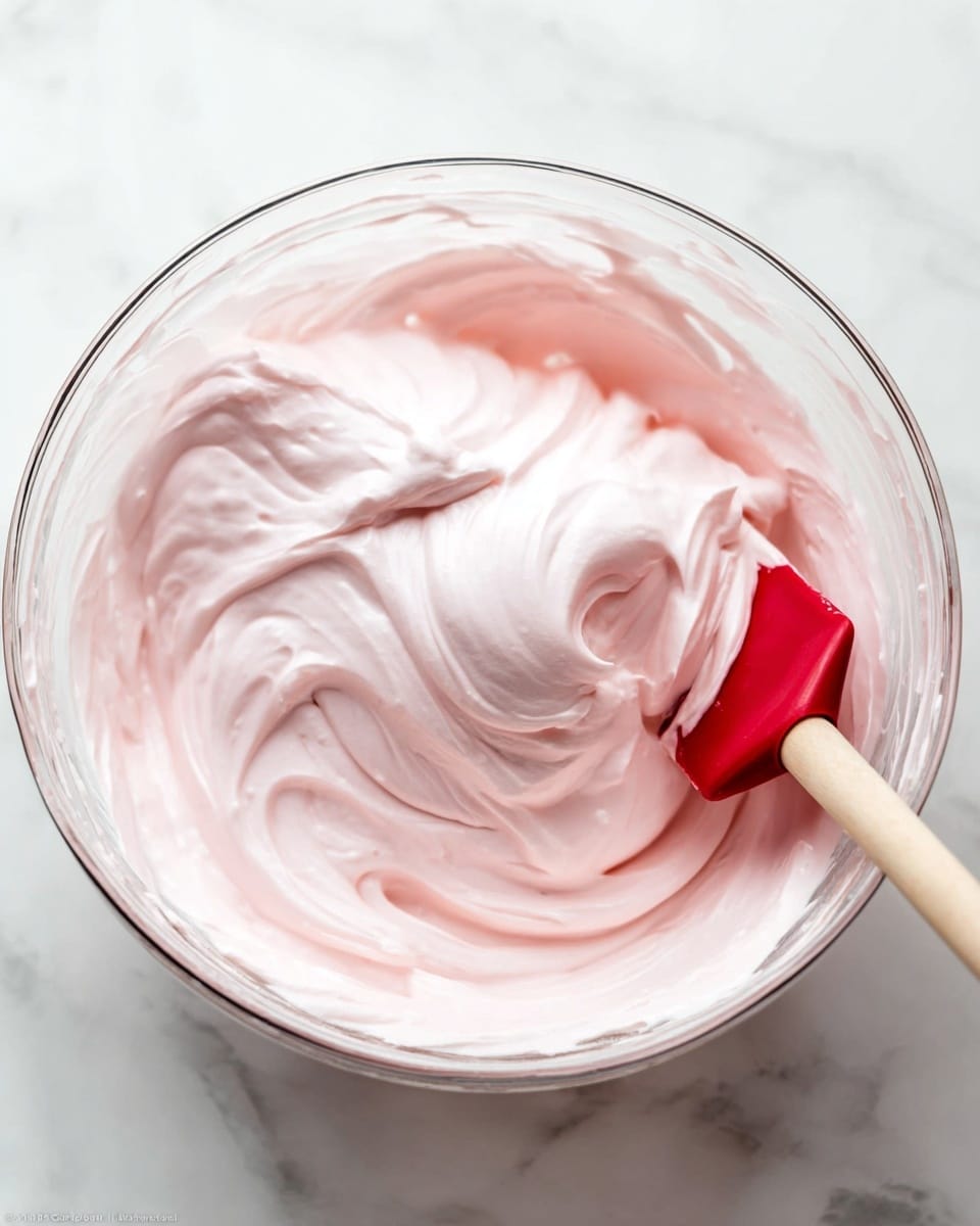 A clear glass bowl filled with a smooth, fluffy pale pink whipped cream or frosting with a soft, airy texture. The mixture has gentle folds and swirls, showing light reflections that highlight its silky surface. A red and wooden spatula is partially dipped into the whipped cream on the right side of the bowl. The bowl sits on a white marbled surface. photo taken with an iphone --ar 4:5 --v 7