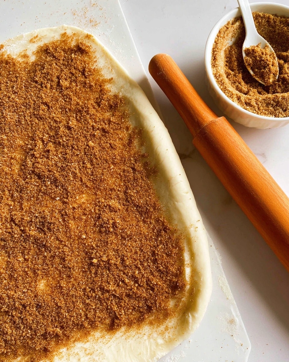A close-up image showing a single large layer of dough spread out flat with a thick, rough layer of brown sugar and cinnamon mix evenly covering its surface. The dough has a pale cream color with a slightly puffed edge on one side. Near the dough, there is a wooden rolling pin with a smooth, warm orange-brown tone resting on a white marbled surface. To the right, a spoon holds some of the brown sugar and cinnamon mix, resting beside a white bowl filled with more of the same mixture. The scene is bright and clean, focused on the preparation stage of a cinnamon roll or similar pastry. Photo taken with an iphone --ar 4:5 --v 7