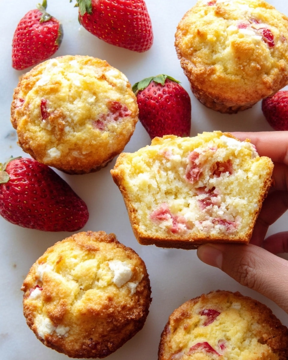 The image shows several strawberry muffins on a white marbled surface, each muffin with a golden-brown crust and a soft, light yellow inside mixed with small pieces of red strawberries. The muffins have a crumbly texture on top and are arranged with some whole fresh red strawberries scattered nearby. One muffin is held carefully by a woman's hand, showing the inside filled with strawberry bits and a slightly moist crumb. The bright colors of the red strawberries and the warm golden muffins contrast nicely with the light background, giving a fresh and inviting look. photo taken with an iphone --ar 4:5 --v 7
