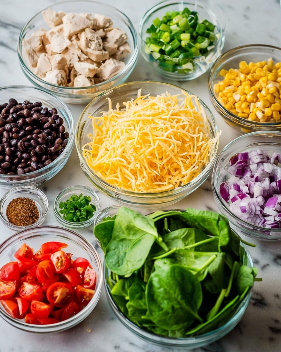 Southwestern Chicken Wraps with Blue Cheese and Spinach Recipe 4 The image shows a white marbled surface with several clear glass bowls arranged closely. In the center is a medium bowl full of yellow shredded cheese. Around it, clockwise from top left, there is a bowl of small white diced chicken pieces, a bowl of yellow corn kernels, a bowl of black beans, a bowl of diced red tomatoes, a bowl of finely chopped green herbs, a small bowl of chopped green onions, and a bowl of large fresh spinach leaves. In the middle top there is a small bowl with brown and red spices. The colors are bright and fresh, and all the bowls are clear glass on a white marbled surface. photo taken with an iphone --ar 4:5 --v 7