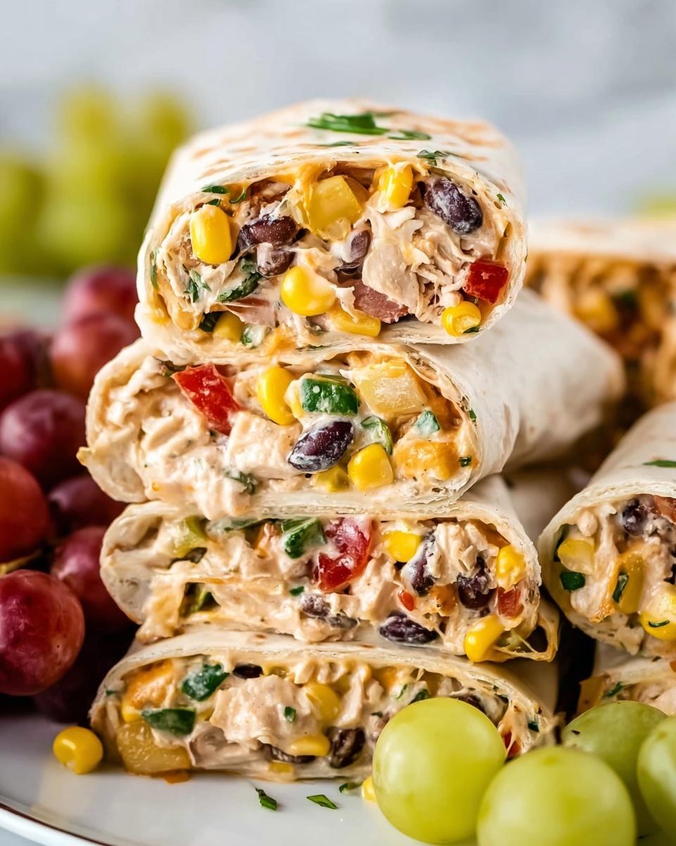 Southwestern Chicken Wraps with Blue Cheese and Spinach Recipe 5 The image shows close-up of a stack of four wrap halves piled on a white plate. Each wrap has a soft, light beige tortilla outer layer with visible black bean, yellow corn, diced green peppers, diced red peppers, shredded light-colored chicken, melted pale yellow cheese, and small bits of green herbs inside. These colorful ingredients create a textured look with a mix of creamy and chunky filling layers inside the folded wraps. The plate is partly surrounded by red and green grapes. The background is a white marbled surface. Photo taken with an iphone --ar 4:5 --v 7